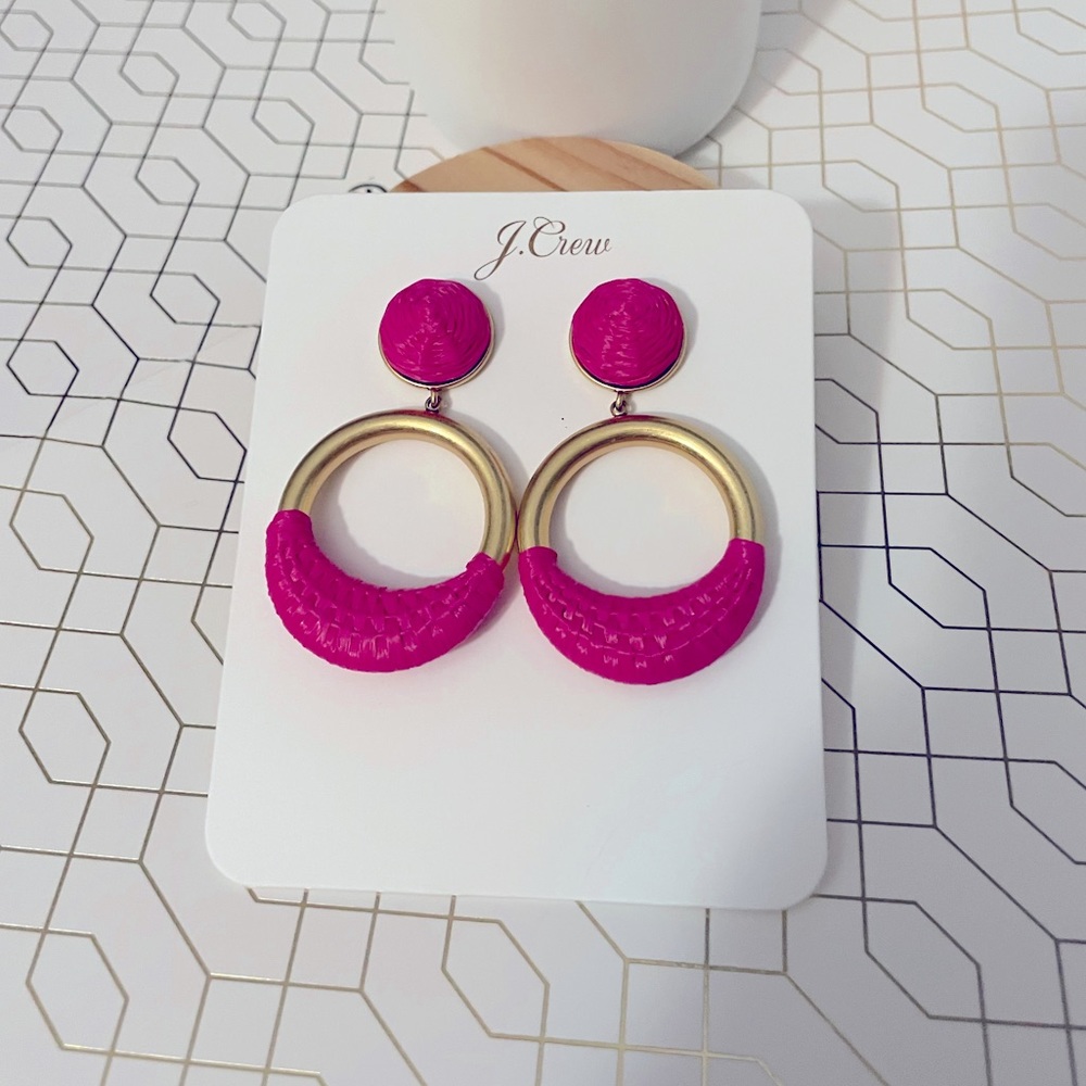 JCREW Faux- Raffia Wrapped Hoop Earrings NWT Vivid Begonia - Picture 5 of 7